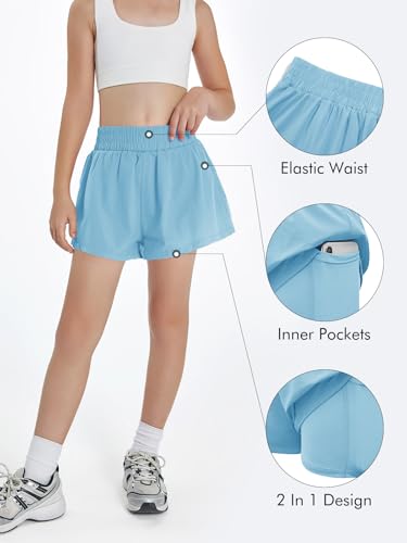 Haloumoning Short atlético feminino cintura alta elástico 2 em 1 shorts de corrida com bolsos latera