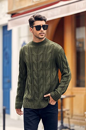 Karlywindow Mens Cable Knit Pullover Sweaters Turtleneck Loose Fit Long Sleeve Chunky Winter Pullovers Army Green #TOP1