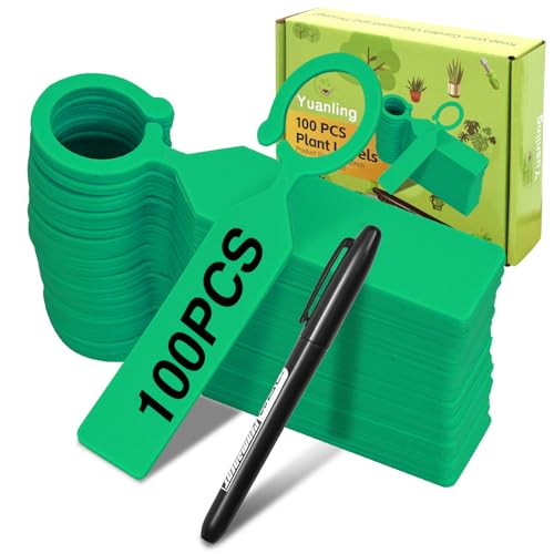 Plant Labels Yuanling 100Pcs Plastic Waterproof Plant Tree Tags Nursery Garden Markers for Indoor Outdoor Gardening Plants Vegetables Flowers Potted (Green Color with 1 Marker Pen)