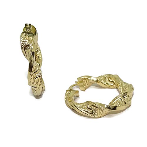 Pendientes de aro de oro amarillo de 18K enroscados y con greca muy vistosos. cierre fácil 'click' peso; 4.45g de oro de 18k 6mm de anchos por 3.00cm de diámetro exterior.