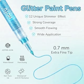 HOTU Pennarelli Acrilici, Pennarelli glitterati 12 colori，Extra Fine 0,7 mm per colorazione，Dipingere Sassi, Ceramica, Vetro, Legno, Tessuti, Scrapbooking, DIY, Penne Glitterate Colorate