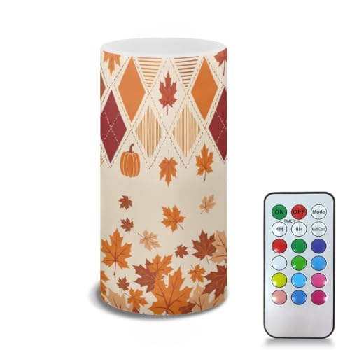 Image of Poceacles Fall Decoration LED Flameless Candles Battery Operated Candles with Remote Control Timer Flickering Wick Pillar Tealight for Home Outdoor Autumn Decor, Fall Maple Leaf Beige