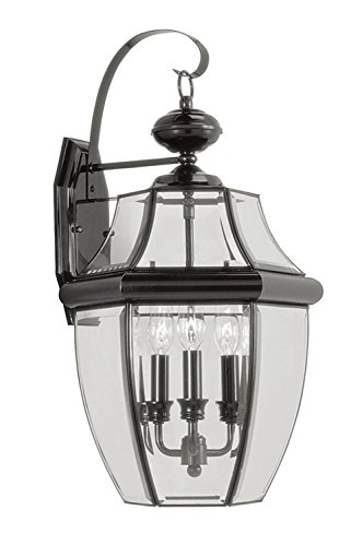 Livex Lighting 2351-04 Monterey 3 Light Outdoor Black Finish Solid Brass Wall Lantern with Clear Beveled Glass