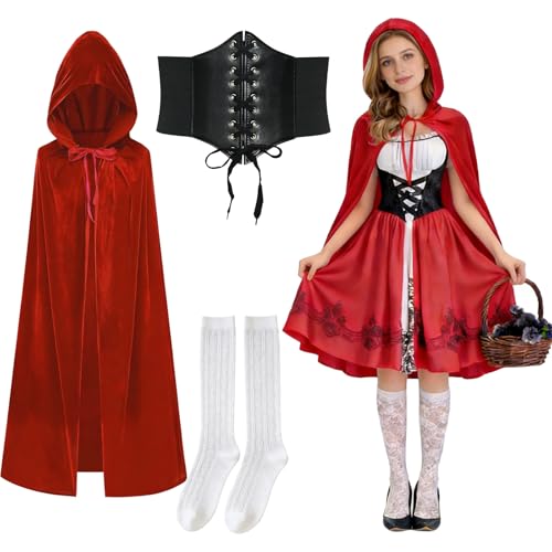 RAOPNHS Rotkäppchen Kostüm Damen Set 3-Teilig Rotkäppchen Umhang Samt mit Korsett Gürtel und Weiße Strümpfe Faschingskostüme Damen Märchen für Halloween Karneval