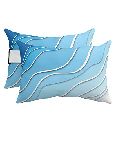Blue Aqua Ombre Lumbar Pillow Cover with Elastic Band, Modern Geometric Abstract Aesthetic Cream Outdoor Pillow Covers Waterproof Throw Pillow Cases for Patio Sofa Ledge Lounger Chair 11"x16", 4 Pack