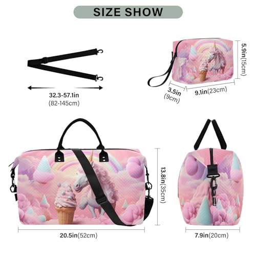 Large Travel Duffel Bag, Ice Cream Horse Rainbow Sports Tote Gym Bag, Shoulder Weekender Overnight Bag for Women Men, Carry On Luggage with Toiletry Bags3