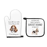 FIicy Basset Hound Gifts Dog Oven Mitts and Pot Holders Sets, Basset Hound Decor Kitchen Accessories Sets, Complete Without a Basset Hound Dog Heat Resistant Oven Glove Potholders for Kitchen Baking