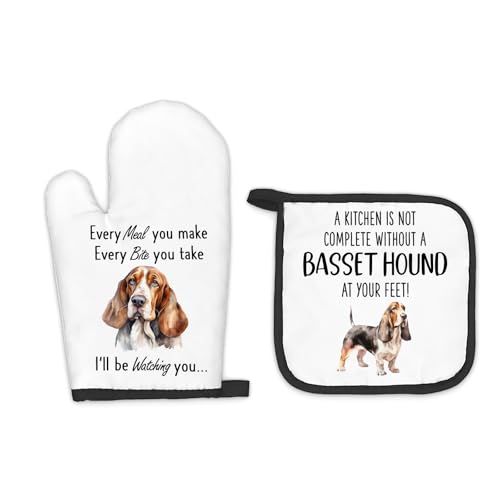 FIicy Basset Hound Gifts Dog Oven Mitts and Pot Holders Sets, Basset Hound Decor Kitchen Accessories Sets, Complete Without a Basset Hound Dog Heat Resistant Oven Glove Potholders for Kitchen Baking