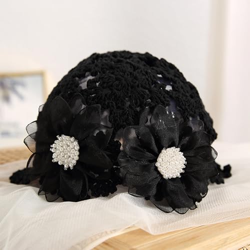 Bonnet élégant avec perle et fleur strass en crochet raffiné - 2
