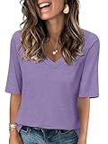 Minetom Camisetas básicas de verano con cuello en V para mujer, estilo casual, media manga, púrpura ( A purple ), S