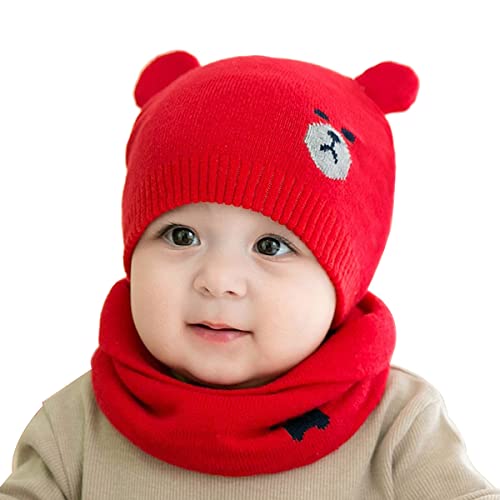 Osuter Enfants Chapeau Hiver Chaud et Écharpe Beau Bonnet Chaud Tricoté Écharpe Ensemble Écharpe Bonnet Bébé pour filles et garçons de 0-8 Mois (Rouge) Cover