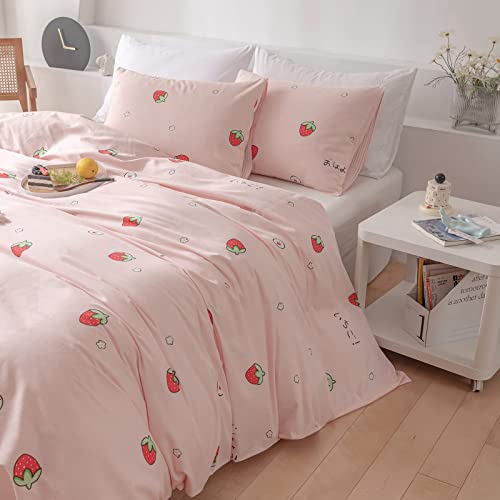 Pink Strawberry Bedding Duvet Cover Queen Kids Girl Kawaii Anime Bedding Set Japanese Style Strawberry Comforter Cover For Child Teen Women Cartoon Strawberry Duvet Cover With 2 Pillowcases #TOP7