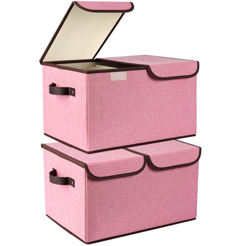 OUSFOT Caja Almacenaje con Tapa Tela 30L 2 Piezas, Plegable y Apilable Organizadores con Divisores Extraíbles Rosa Cajas Ordenacion para Ropa, Juguetes, Libros