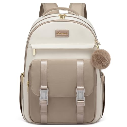LOVEVOOK School Backpack for Teen Girls, Cute Student Backpack Purse Kid Bookbag for 14-16 Teenage, Back to School Backpacks Fit 15.6 Inch Laptop, Large College Travel Bag, Beige-Khaki