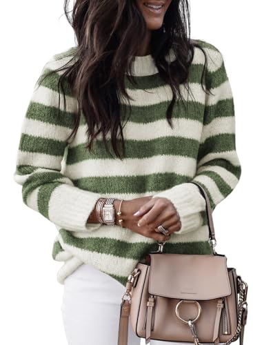 Dokotoo Winter Clothing for Women Crew Neck Striped Color Block Sweaters Casual Loose Fall Outfits Knitted Tops Lightweight Cute Pull Over Wool Pullover Sweater Trendy Green Medium