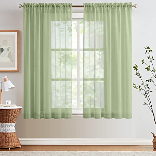 Lazzzy Voile Curtains for Bedroom Sheer Curtain 63 inch Long Sage Drapes for Living Room Rod Pocket Window Drapes 1 Pair