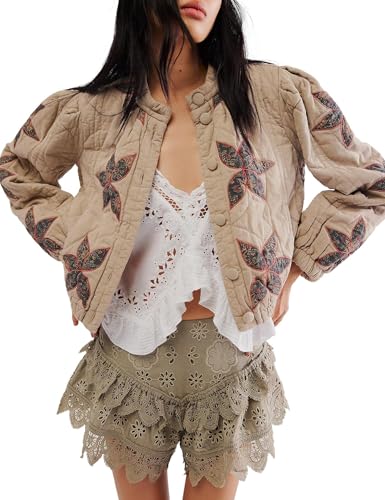 TUREAU Women’s Cropped Quilted Jacket: Khaki Floral Embroidered Puffer with Pockets – Your New Go-To for Style and Comfort!