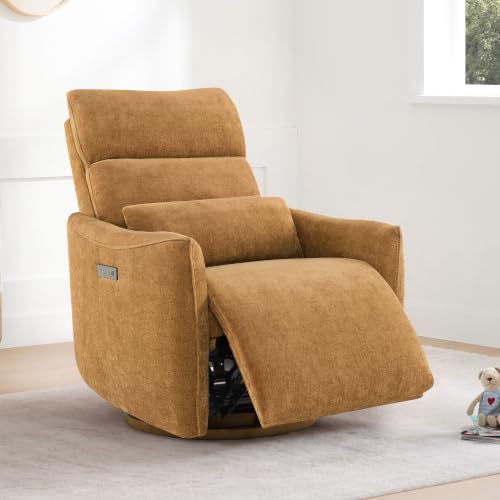 Image of CHITA Power Swivel Glider Recliner Chair, Dual Motor Nursery Glider, Cognac | Nursery Rocking Chair with Adjustable Power Headrest, FSC Certified Solid Wood Base, for Bedroom, Living Room
