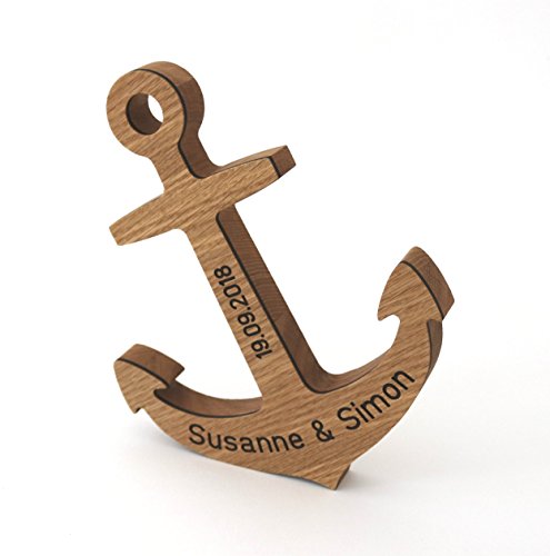 Anker mit Namen und Datum aus Holz mit Gravur zur Hochzeit, personalisiertes Geschenk für das Brautpaar Hochzeitsgeschenk: Eiche