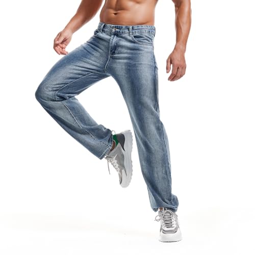 Men's Classic Straight Leg Jeans Relaxed Fit Washed Denim Jeans Pants2
