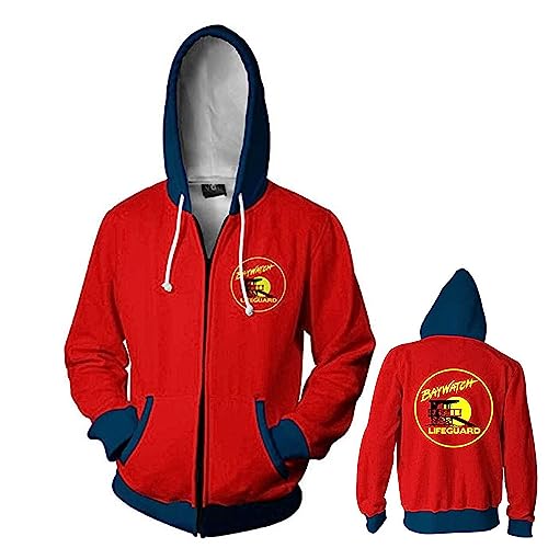 Men's Baywatch Lifeguard Cosplay Hoodie Jacket Coat Hooded Pullovers Halloween Costume (Red, L)