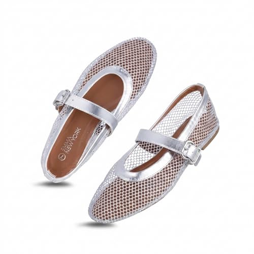 Image of EMMA NEW YORK Mesh Ballet Flats for Women, Mary Jane Mesh Ballet Flats Shoes for Women with Buckle Strap