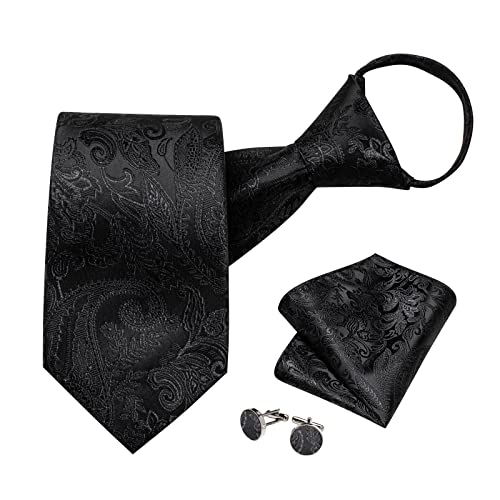 Image of DiBanGu Silk Zipper Ties for Men,Paisley Solid Plaid Pre-tied Tie and Pocket Square Cufflinks Set Formal Adjustable Necktie