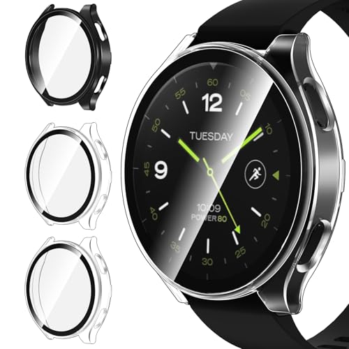 ivoler 3 Piezas Funda para Xiaomi Watch 2, Protección Completa Protector de Pantalla de Cristal Vidrio Templado Duro PC Anti-arañazos Carcasa, 2 Transparente + 1 Negr