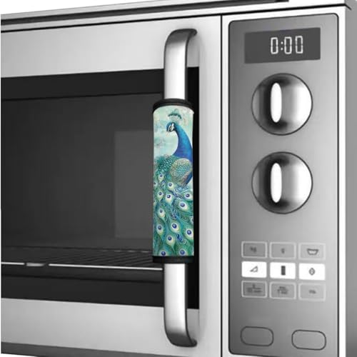 Image of Appliance Door Handle Covers Set of 6 Refrigerator Handle Cover Anti-Skid Microwave Door Handle Protector Keep Off Oil Stains, Fingerprints, Peacock Flower Green Blue
