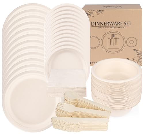 ilauke 170 Stück Einweggeschirr Pappgeschirr Set,Kompostierbar & Biologisch Abbaubar Pappteller inkl.40 Teller,20 Gabeln,20 Messer,20 Löffel,50...