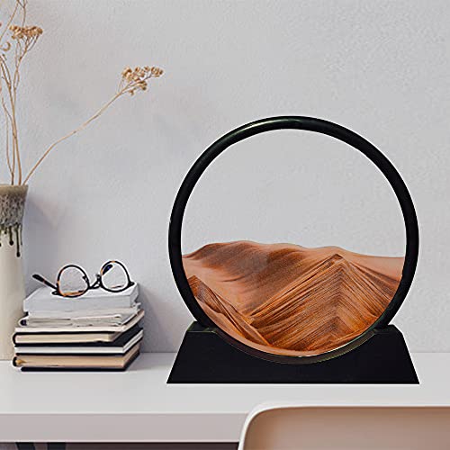 Image of Aoderun Moving Sand Art Picture Round Glass 3D Deep Sea Sandscape in Motion Display Flowing Sand Frame Relaxing Desktop Home Office Work Decor (12 inch, Orange)