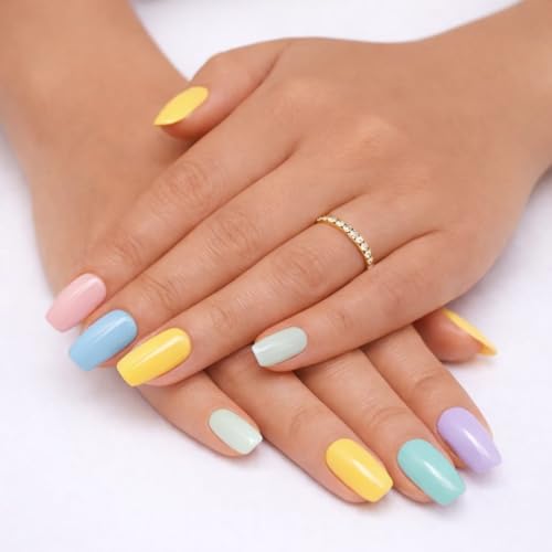 Image of Reusable Artificial Nails with Glue and Kit (Multicolor Pop - Long Alond)