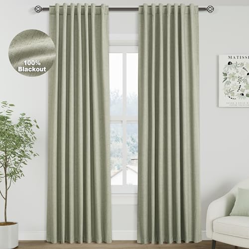 Image of Nanspring Sage Green 100% Blackout Linen Curtains 84 Inch Length 2 Panels Set for Bedroom Back Tab Farmhouse Decor Coastal Black Out Curtain for Living Room Office Thermal Insulated Drapes 52x84
