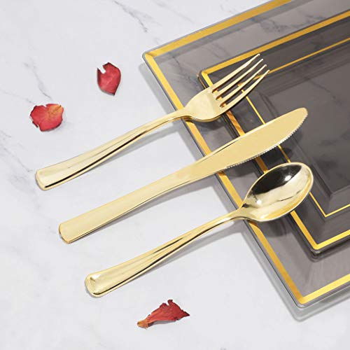 Wellife 150 Pcs Clear Black Plastic Plates, Disposable Silverware And Cups, Gold Square Plastic Dinnerware, 25 Dinner Plates, 25 Dessert Plates, 25 Cups, 75 Gold Cutlery For Party And Weddings #TOP5
