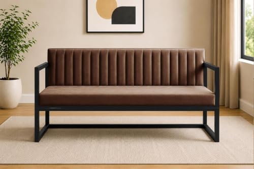 Image of Metal Sofa Cum Bed Modern Industrial Design Metal Frame 3 Seater Sofa Bed for Home, Office & Lounge-Brown
