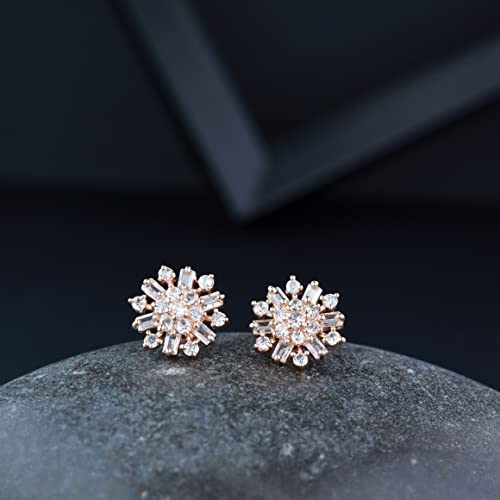 Image of I Jewels Valentines Special Stylish Fashion Rose Gold Plated Cubic Zirconia American Diamoand Floral Stud Earrings For Women /Girls