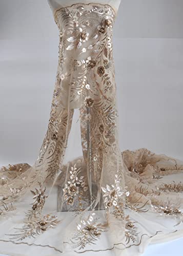 Sanvera17 Applique African Lace Fabric 3D Lace Material Net Lace Fabric French Tulle Lace For Wedding Dress (Beige) 5 Yards #TOP4