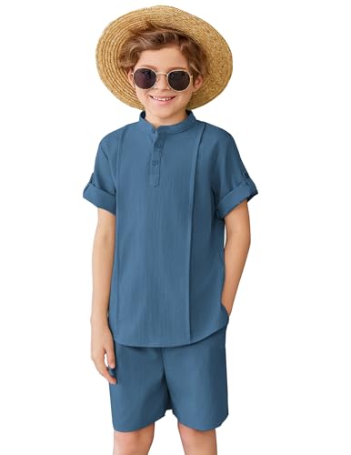 Image of Arshiner Boy's 2 Pieces Linen Sets Short Sleeve Henley Shirt and Shorts Summer Beach Matching Outfits 4-12 Years