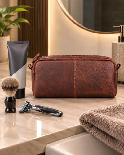 Image of Calfnero Genuine Leather Toiletry Bag for Men & Women | Premium Leather Travel-Pouch | Toiletry Organizer | Cosmetic & Shaving Kit Bag | Unisex Travel Dopp Kit (Kara)
