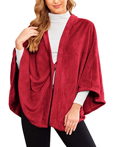 Ekouaer Women Wrap Shawl Open Front Sweater Cape Warm Winter Poncho Coat Oversized Thick Blanket Housewear Red #TOP21