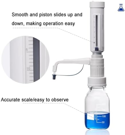 Adjustable Bottle Top Dispenser, 5-30ml Lab Liquid Burette, 5 Pcs Neck Adaptors for Precise Solvent & Reagent Dispensing from Containers