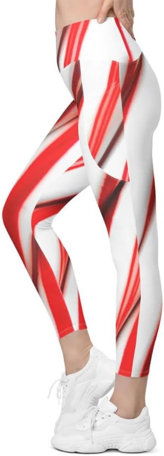 FIERCEPULSE 3D Candy Cane Christmas Leggings with Pockets – High-Waisted Holiday Print Leggings for Women