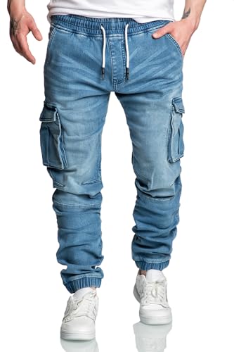 Amaci&Sons Herren Sweathose in Stretch Denim Männer Cargo Jogging Jeans 7024 Hellblau W30