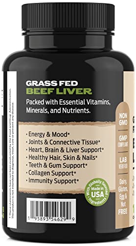 Grass Fed Beef Liver - Grassfed Desiccated Beef Liver Supplement - 750Mg Per Capsule - Most Bioavailable Natural Heme Iron, Vitamin A, B12 For Energy, Coq10 - High Absorption Formula (180 Capsules) #TOP7