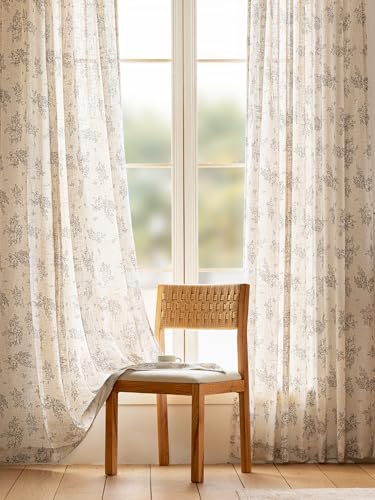 Image of THREE GIRLS Black Floral Beige Linen Curtains 95 Inches Long, Light Filtering Vintage Farmhouse Drapes, Back Tab Rod Pocket Window Treatments 2 Panels for Living Room Bedroom