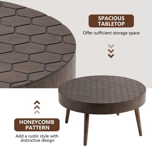 Cosiest Farmhouse Round Coffee Table Set, End Table Set Of 2, Modern Nesting Table With Honeycomb Pattern, Wood Cocktail Table For Living Room, Brown #TOP5