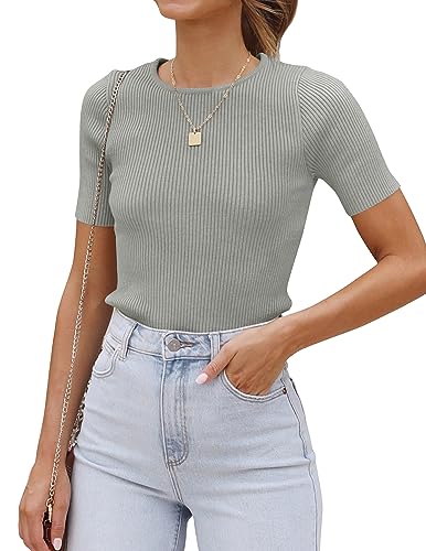 ZESICA Women's Short Sleeve Spring Tops 2026 Summer Crewneck T Shirt Ribbed Knit Slim Fit Basic Tee Grey Large