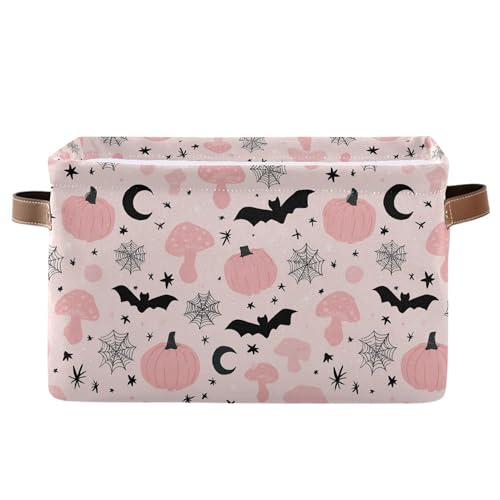 Image of Happy Halloween Pink Storage Basket with Waterproof Liner and PU Handles Pumpkin Bat Moon Mushroom Storage Bins Boxes 14.2 inch Collapsible Decorative Organizer Baskets for Bedroom Closet Office 1 Pack