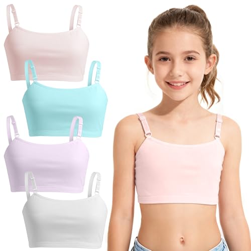 Girls Training Sports Bra, Soft Cotton Cami Bralette, 3-6 Pack, Double Layer Design, No Pads, 8-14 Years (US, Age, 12 Years, 14 Years, 4 Packs Adjustable Straps)
