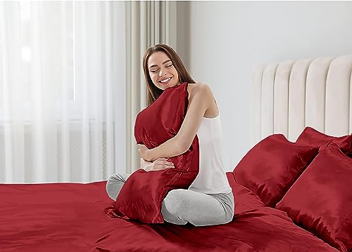 Image of Soft and Silk Satin Bedsheet for Single Bed- 400 TC Romantic Bedsheet Set for Bedroom | Bridal Wedding Bedsheet with Pillow Cover | Ideal for Gifting Burgundy, Single Bed